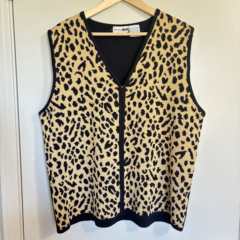 90's Vintage Leopard Print Zip Up Sweater Vest Plus Size 2X Grandmacore Y2K‎